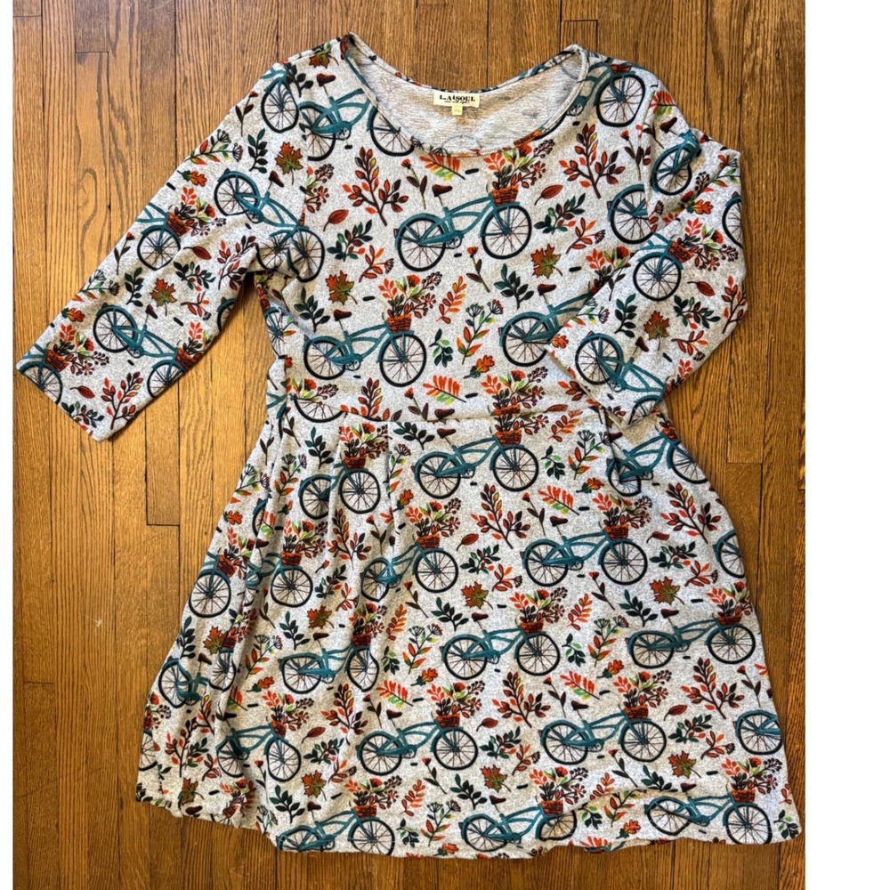 L.A. Soul Womens XL Gray Bicycle Leaf Print 3/4 Sleeve Pocket Fit & Flare Dress